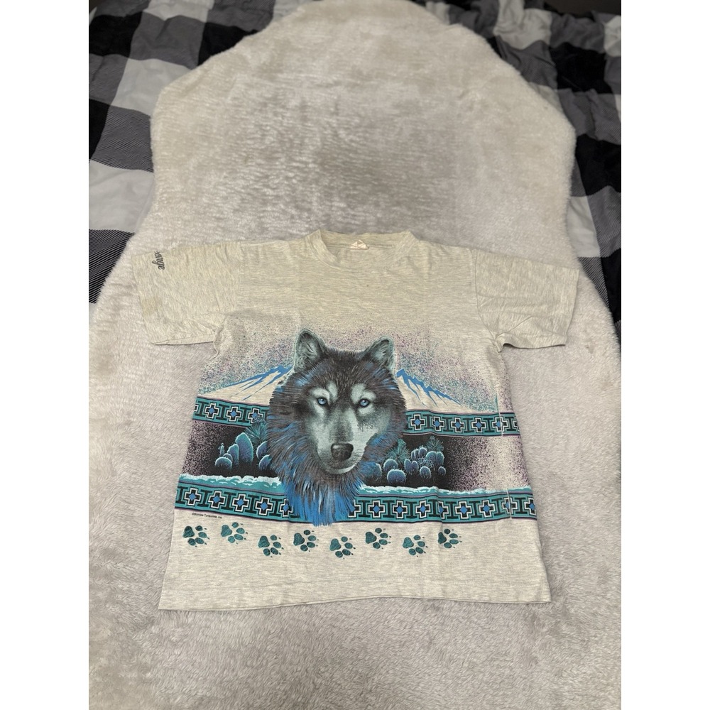 Vintage 90s Habitat Wolf T Shirt Mens M Shrunk Small Wrap Around Mountain Aztec